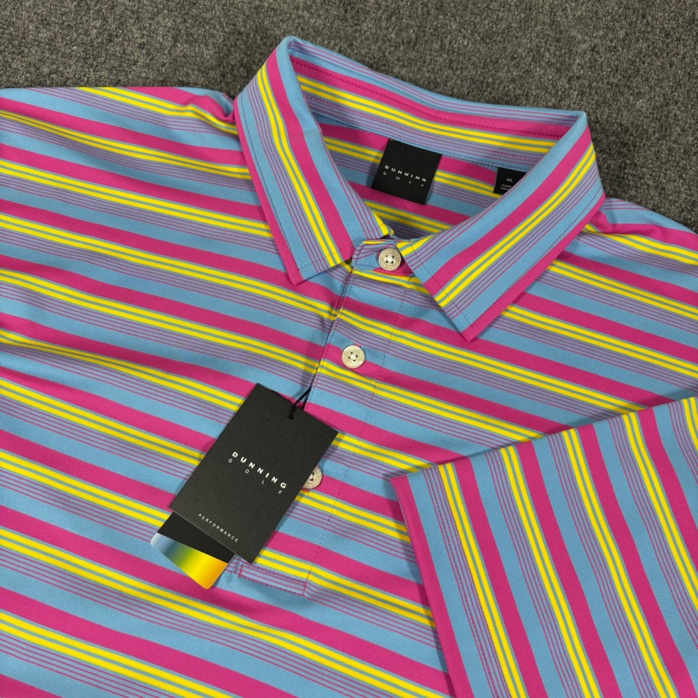 Dunning Golf Mens XL Polo Shirt CoolMax Striped Performance Pink Blue Preppy NWT